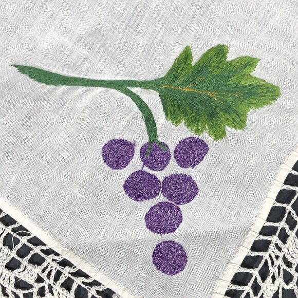 Vintage Small Table Topper Linens Square Purple Grapes Red Flowers Crochet Edge - Picture 3 of 15
